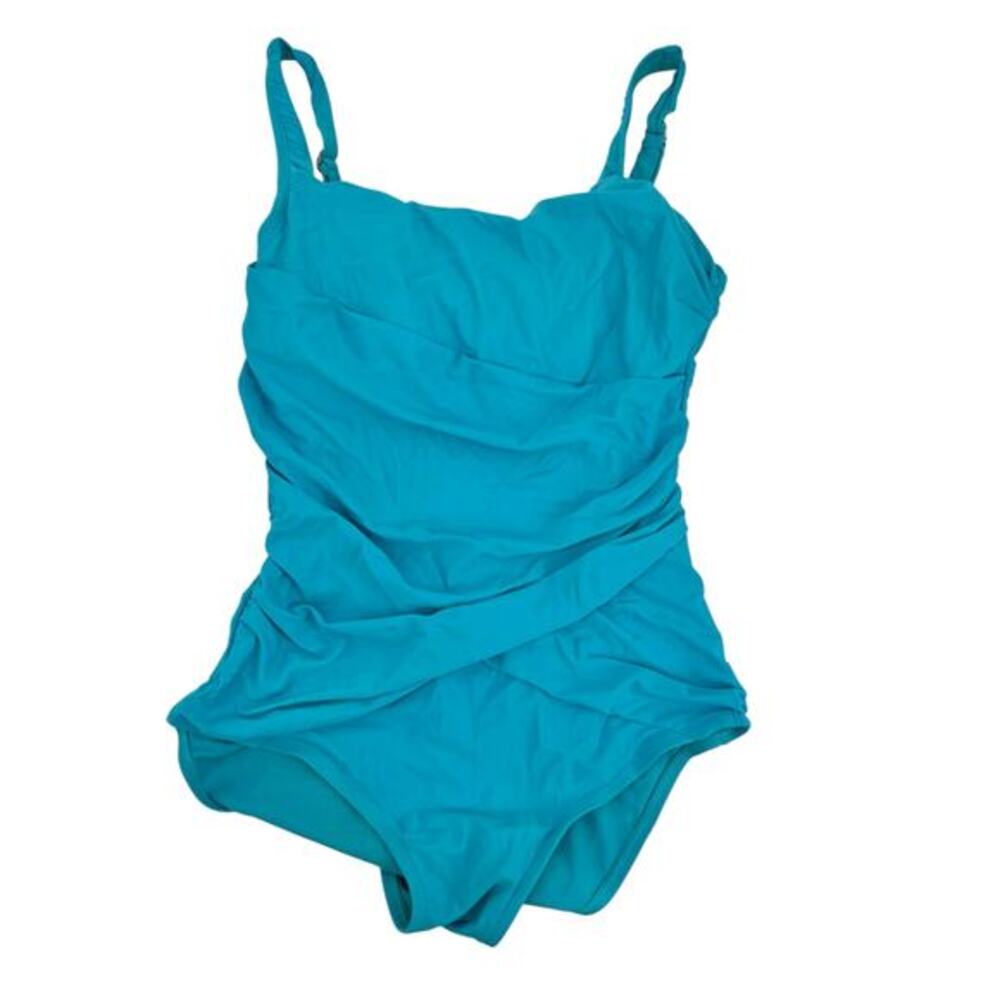 Spanx Love Your Assets blue teal one piece ruched tummy control swimsut large